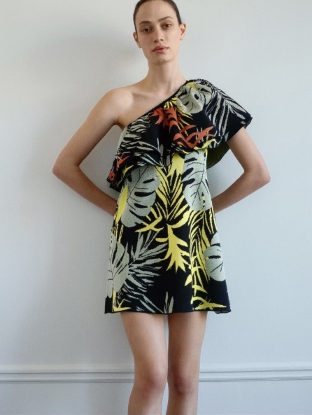 NWT Zara Off The Shoulder Asymmetrical Tropical Floral Leaf Print Dress